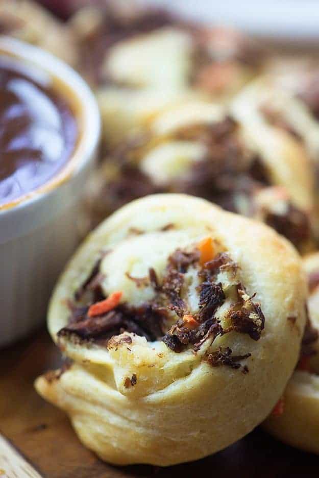 Close up of a pot roast pinwheel.