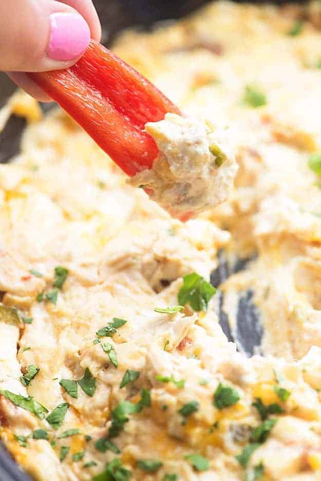 Salsa chicken dip on sliced pepper.