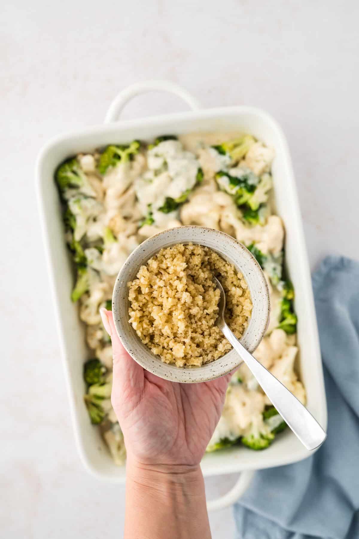 Butter and panko mixed together to top broccoli cauliflower gratin.