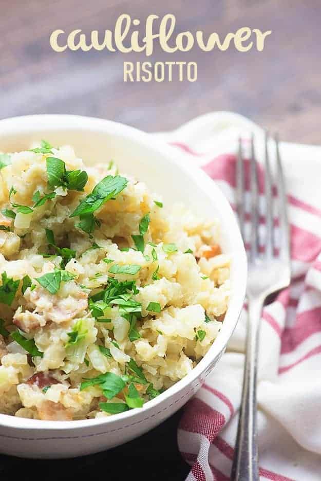 Cauliflower risotto in a white bowl.