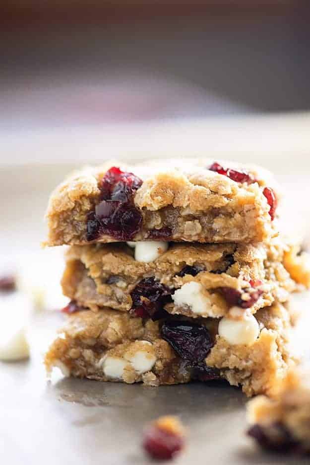A stack of white chocolate cranberry oatmeal bars.