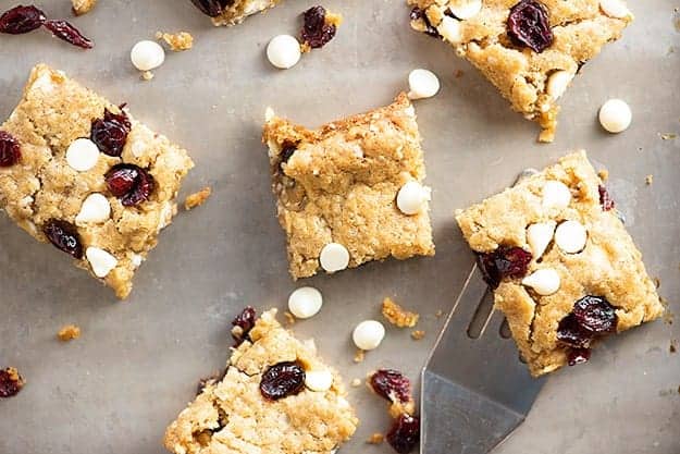 Several squares of white chocolate oatmeal bars.