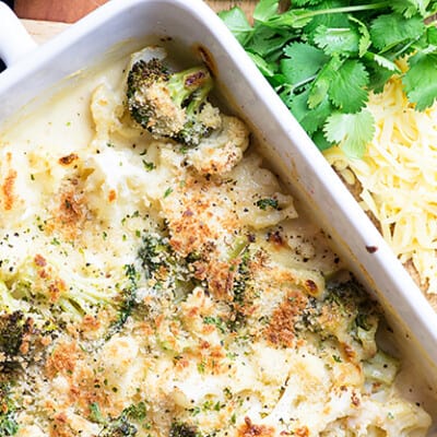 A baking pan full of cheese cauliflower.