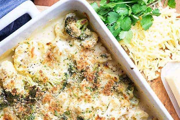 A baking pan full of cheese cauliflower.