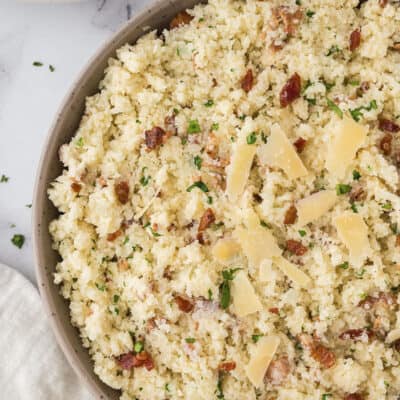 Cauliflower risotto in large bowl.