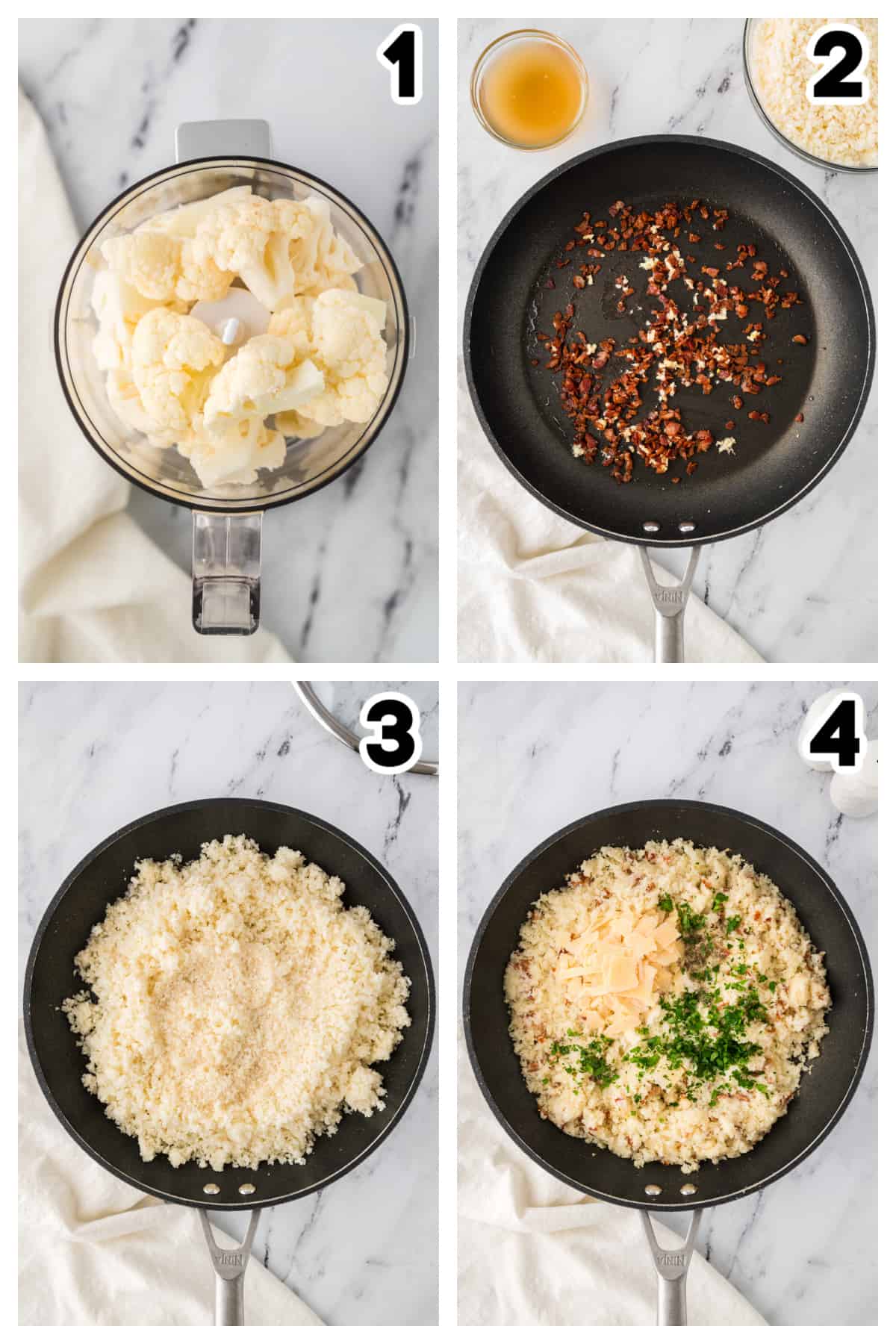 Collage showing how to make cauliflower risotto.