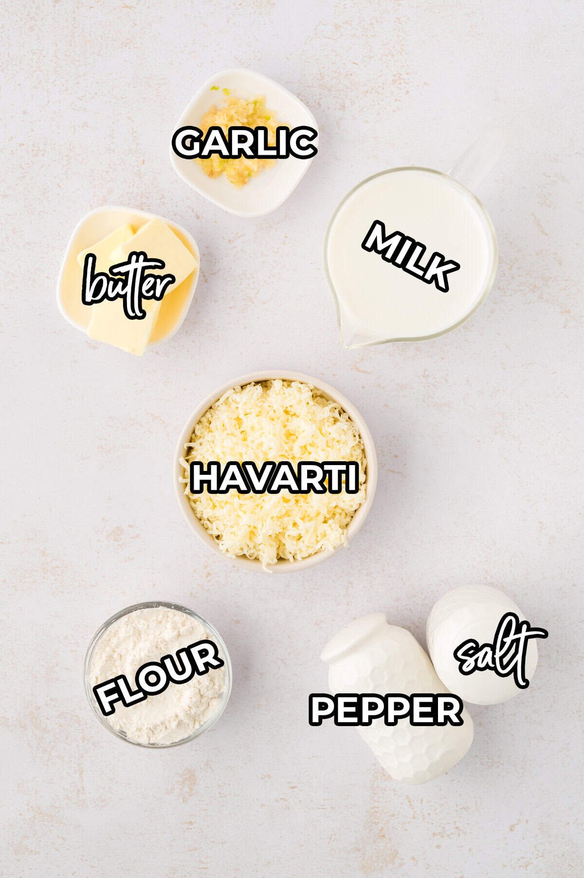 Ingredients for havarti cheese sauce on counter.