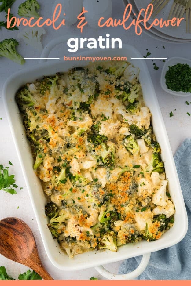 White baking dish filled with broccoli cauliflower gratin recipe.