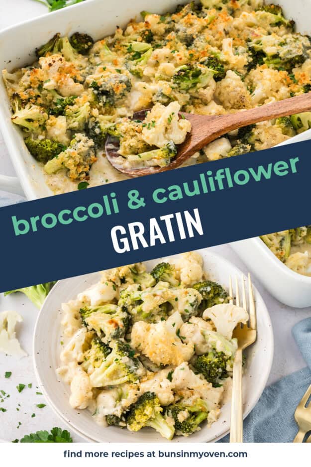 Collage of roasted broccoli cauliflower gratin images.