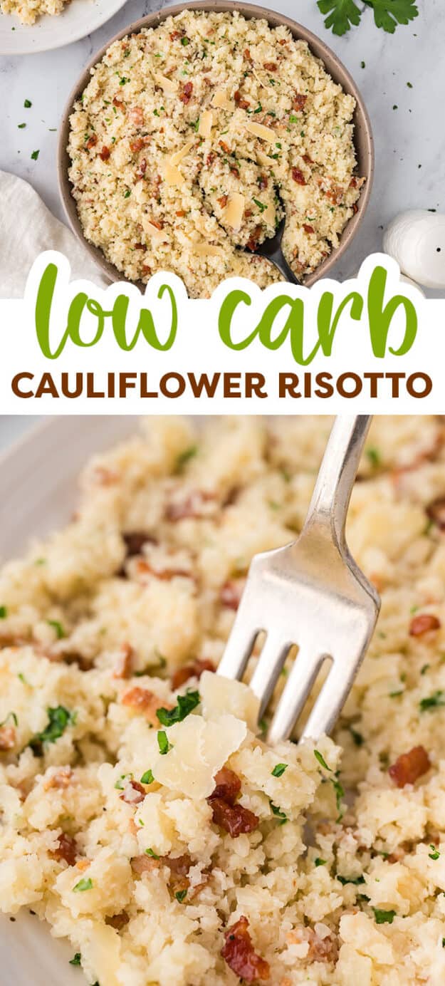 Collage of cauliflower risotto images.