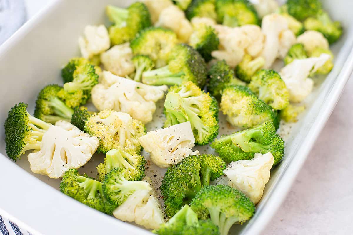 broccoli and cauliflower in dish.