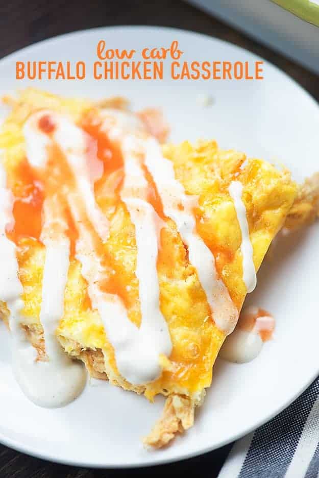 Chicken casserole with ranch drizzled on top of it.