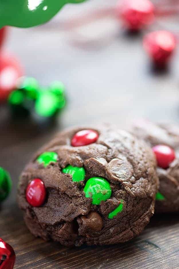 chocolate cookies with red and green candies inside.