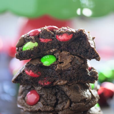 Stacked up chocolate cookies with m&m's