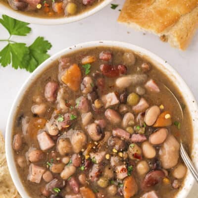 Bowl full of Instant Pot ham and beans.