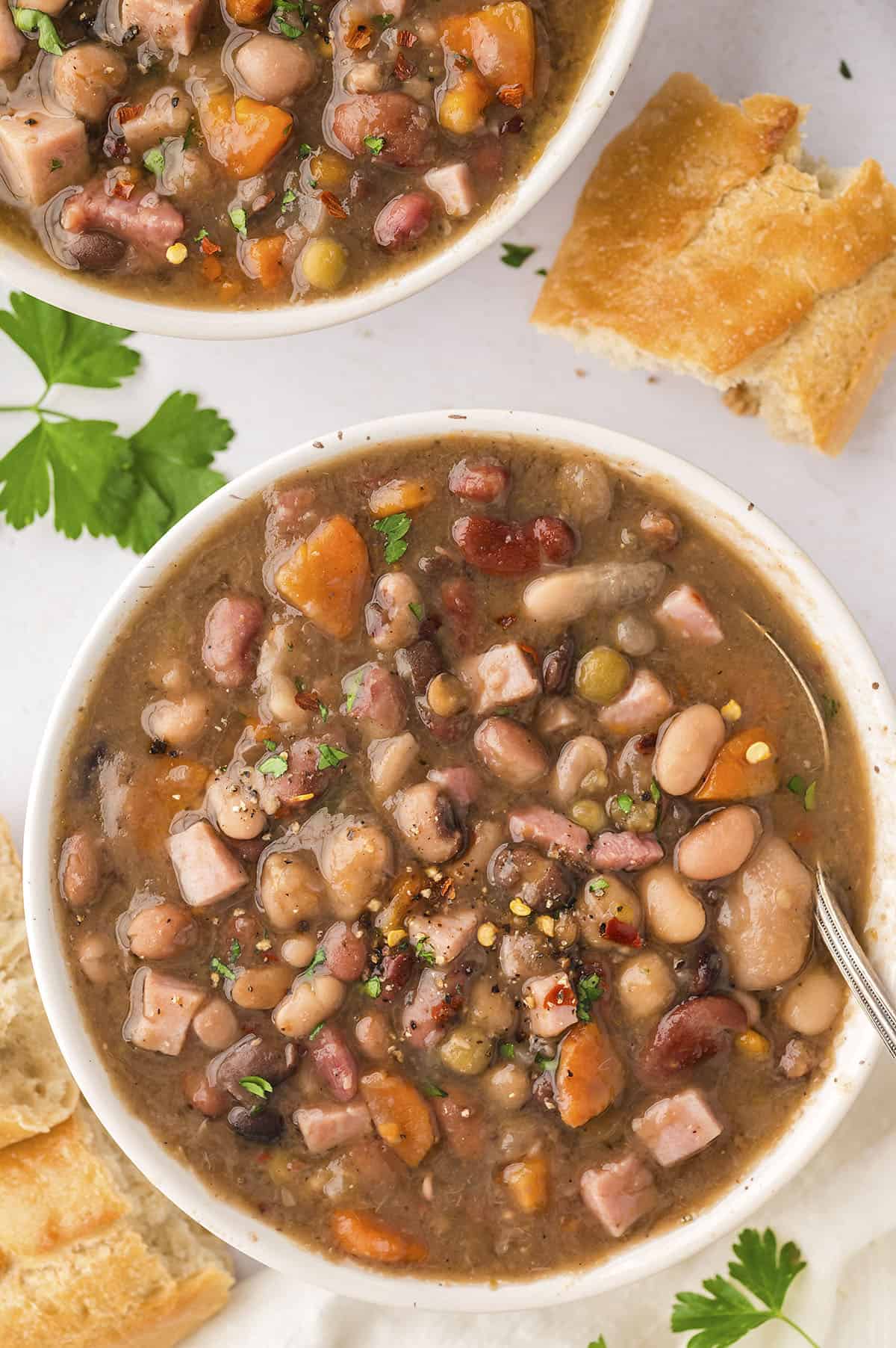 Bowl full of Instant Pot ham and beans.