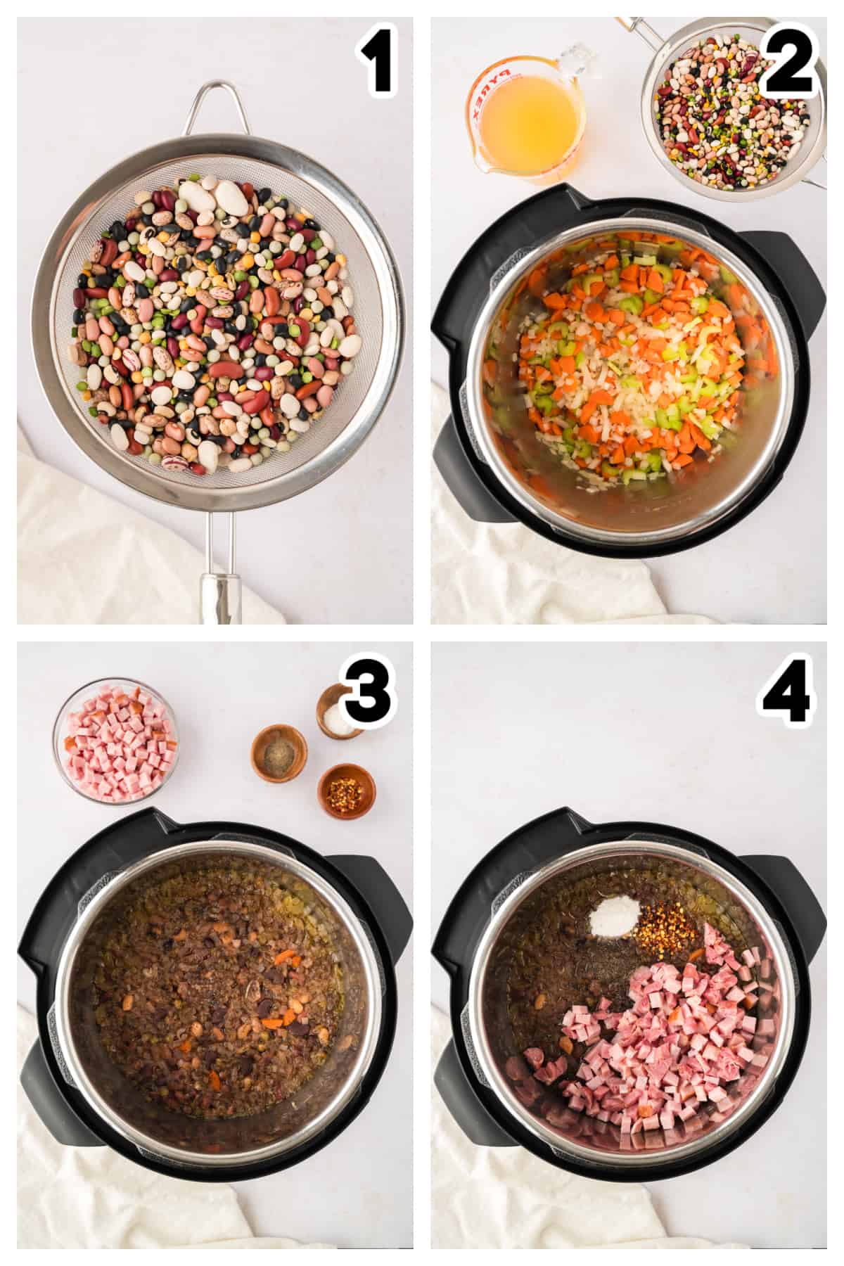 Collage showing how to make Instant Pot ham and beans.