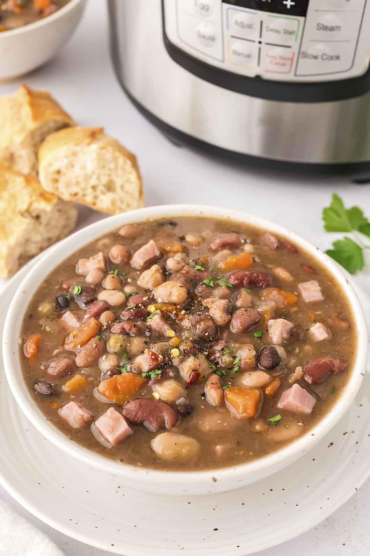Bowl full of ham and bean soup.