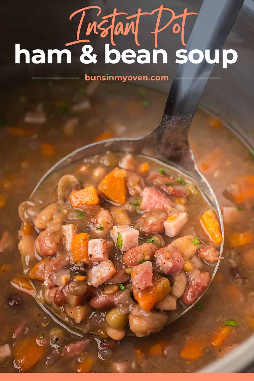 Pressure cooker ham and bean soup in ladle.