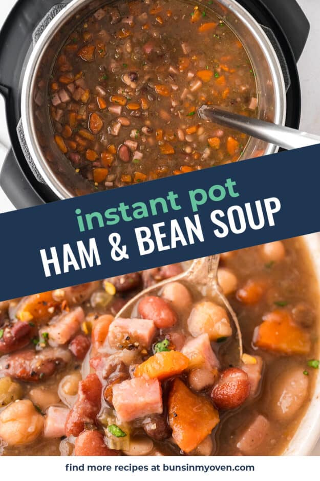 Collage of Instant Pot ham and beans.
