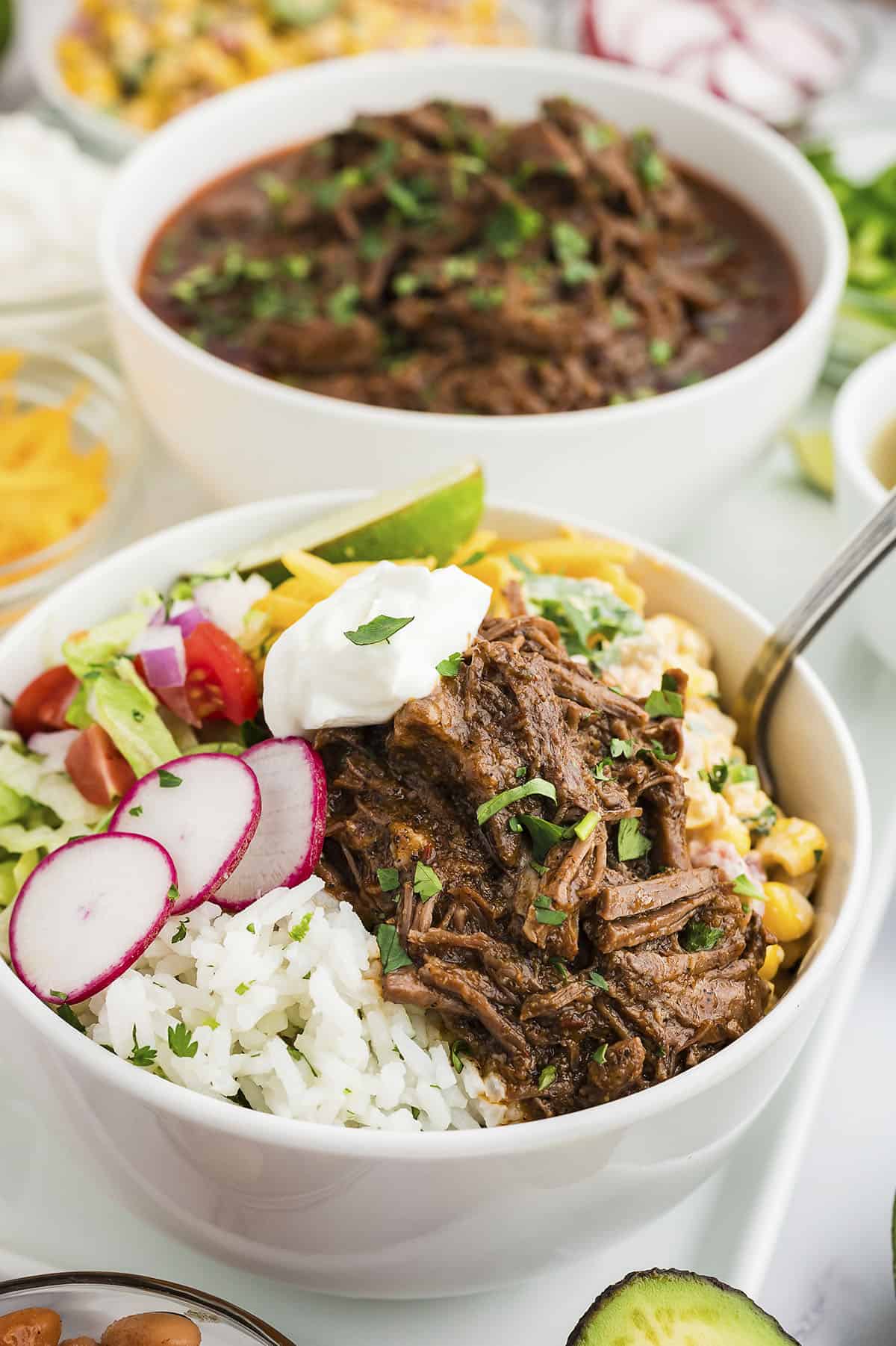 Burrito bowl topped with barbacoa and fresh radishes.
