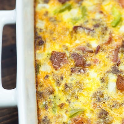 We love this make ahead breakfast casserole! It's naturally low carb and packed with bacon and sausage.