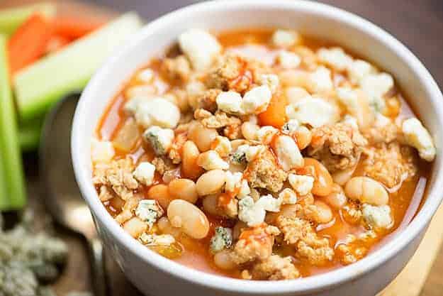 We love this spicy buffalo chicken chili! It's loaded with great northern beans and chicken.