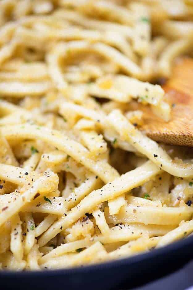 Egg noodles coated in buttered bread crumbs and garlic!