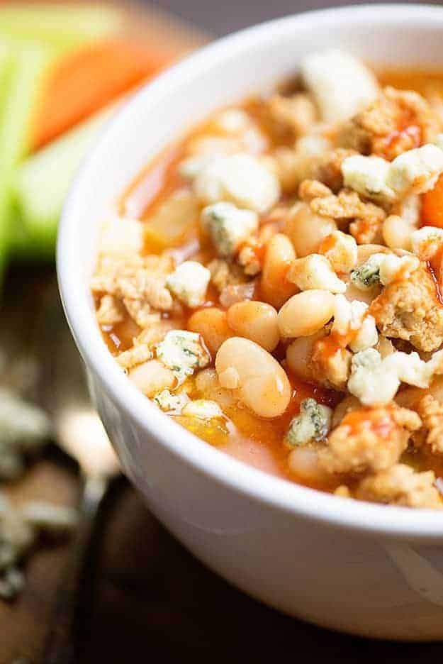 This white bean chicken chili is full of buffalo sauce and spicy flavor.