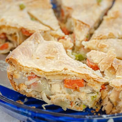 chicken pot pie in pan on server.