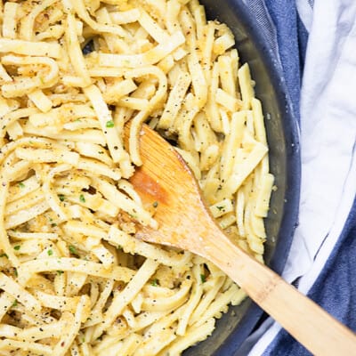 My kids and husband love these garlic butter noodles! Thick egg noodles, bread crumbs, garlic, and butter!