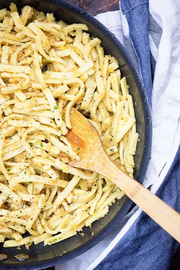 My kids and husband love these garlic butter noodles! Thick egg noodles, bread crumbs, garlic, and butter!