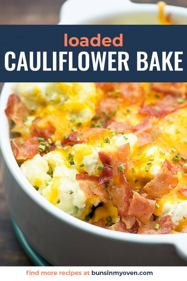 loaded cauliflower casserole in white baking dish.