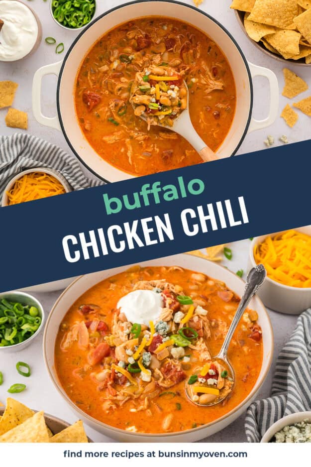 Collage of buffalo chicken chili images.