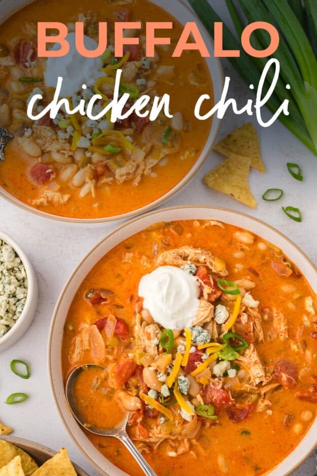 Buffalo chicken chili in bowls.