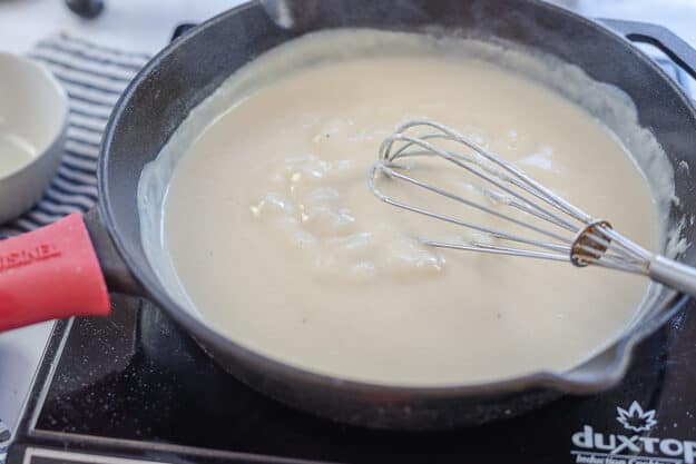 roux for chicken pot pie in skillet.