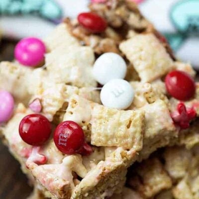 These Valentine treats are made with Chex, marshmallows, and lots of Valentine's Day candies.