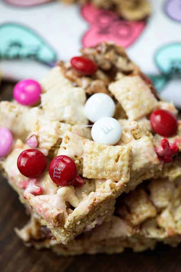 These Valentine treats are made with Chex, marshmallows, and lots of Valentine's Day candies.