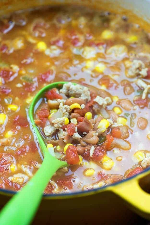 This taco soup is loaded with ground chicken, veggies, and taco seasoning.