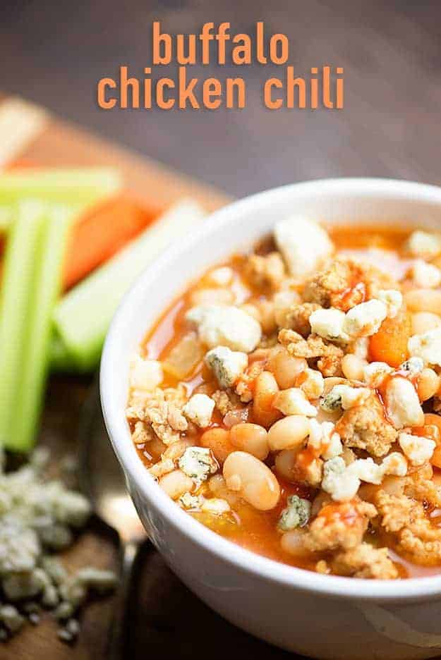 This buffalo chicken chili recipe is loaded with spice. Top it off with some blue cheese or cheddar and serve with carrots and ranch on the side.