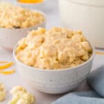 Bowl full of cauliflower macaroni and cheese recipe.