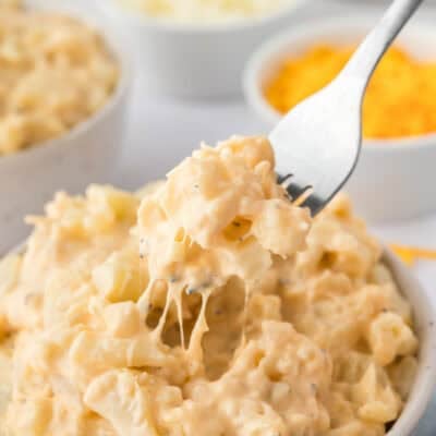 Forkful of cauliflower mac and cheese.