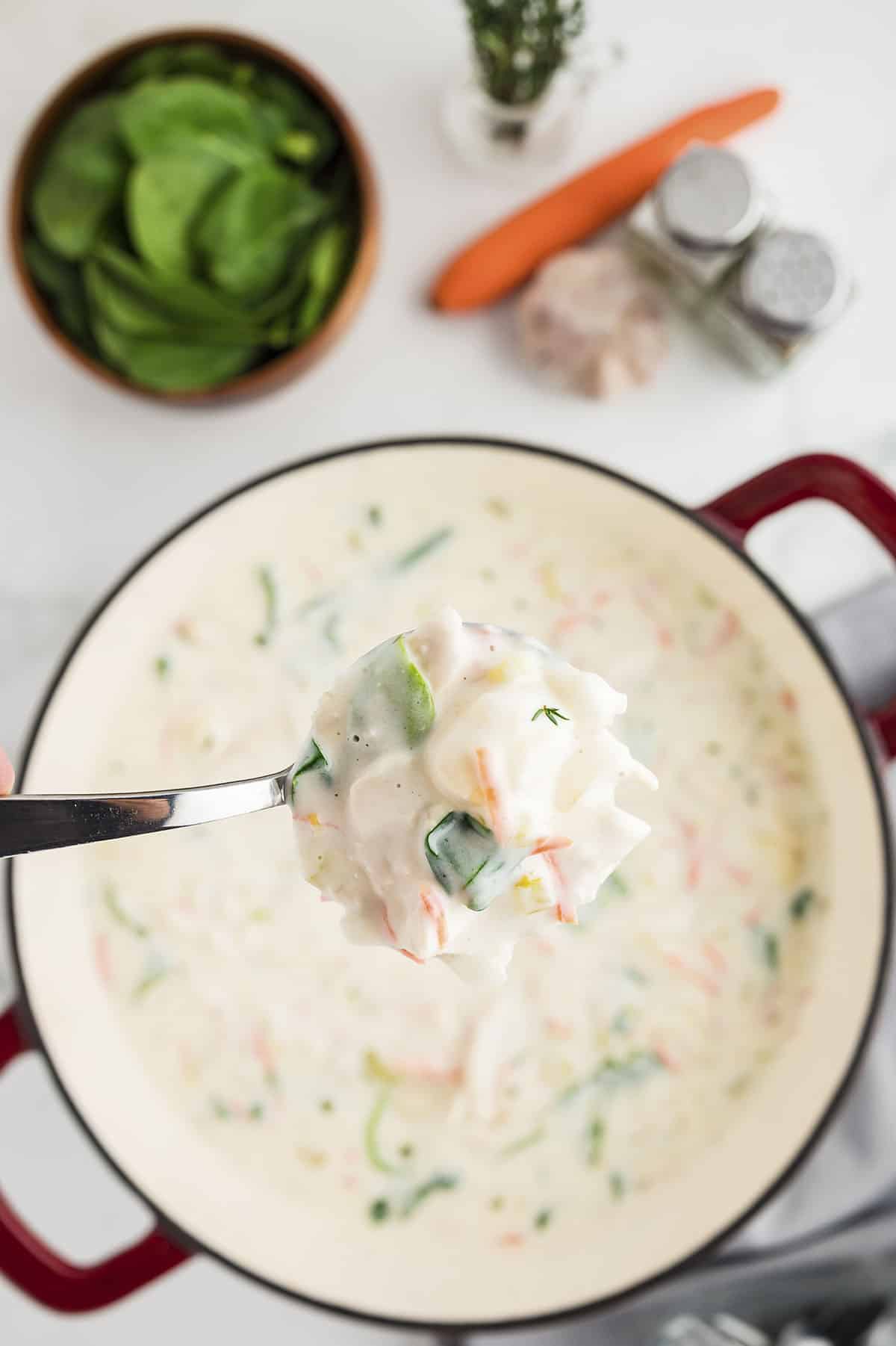 Chicken and gnocchi soup in pot.