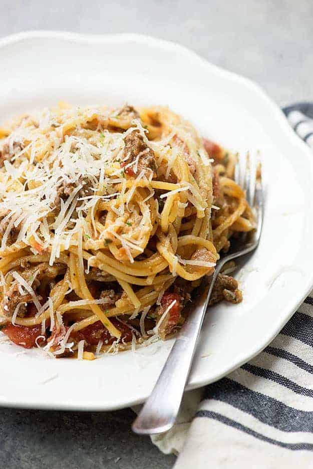 This easy spaghetti recipe is made in just one pot! Boil the noodles right in the homemade sauce.