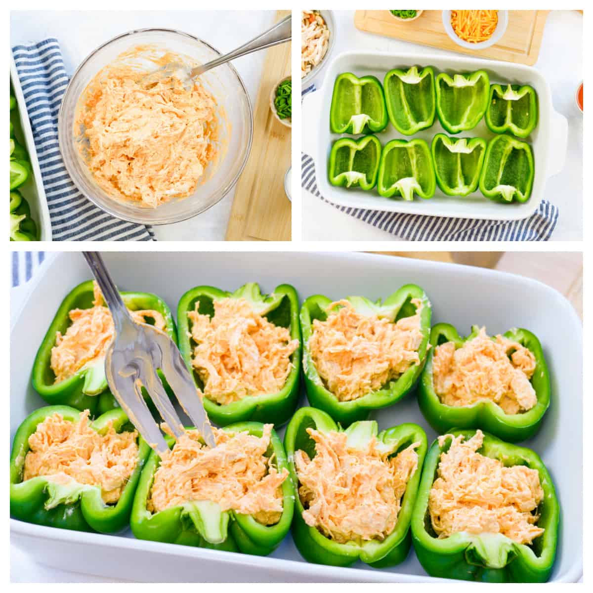 Collage showing how to make buffalo chicken stuffed peppers.