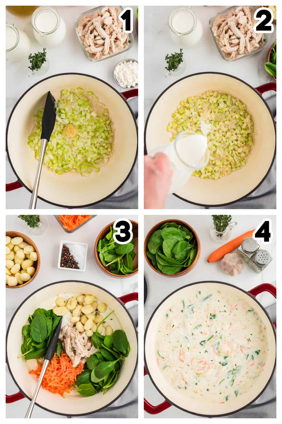 Collage showing how to make chicken gnocchi soup.