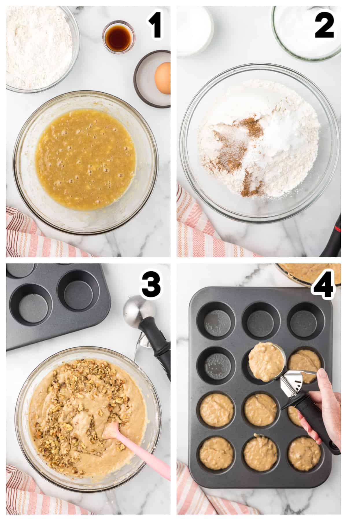 Collage showing how to make banana bread muffins.