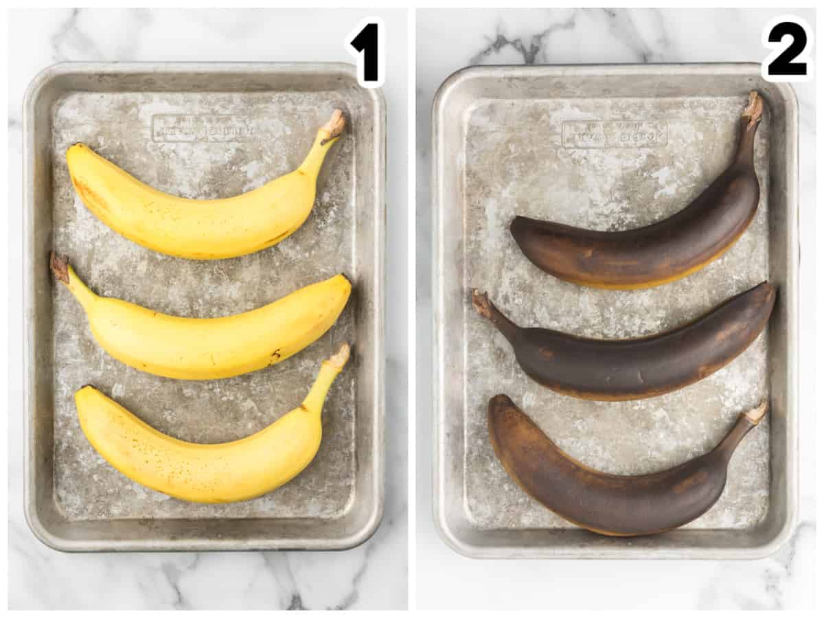 Collage showing how to ripen bananas in the oven.