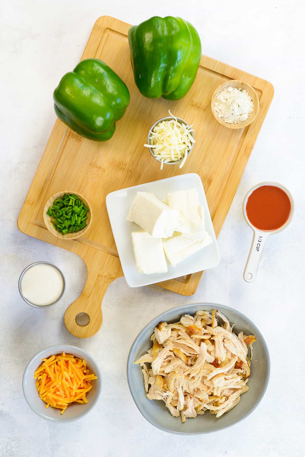 Ingredients for buffalo chicken stuffed peppers recipe.