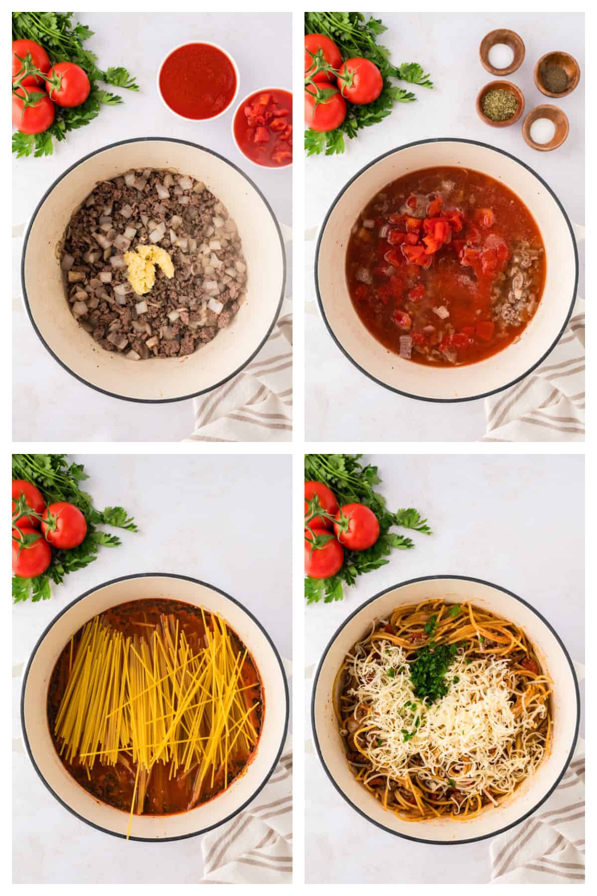 collage of images showing how to make one pot spaghetti.